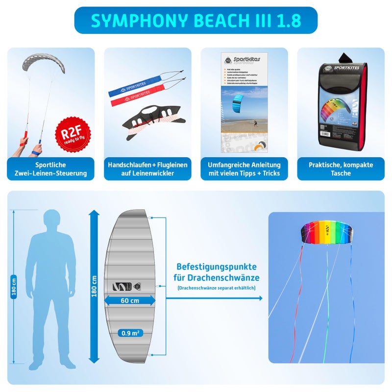 HQ Symphony Beach III 1.8 Stunt Kite, Aqua, Dual Line Foil Sport Kite - Image 3